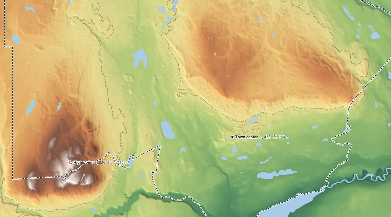 Topographic elevation map of Mendeltna, Alaska, shaded from 1,780 ft on the south side to 3,820 ft on the west side