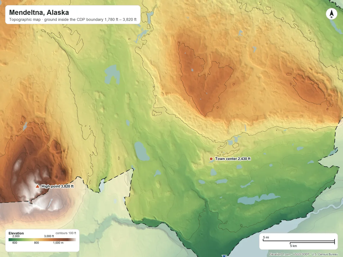 Topographic elevation map of Mendeltna, Alaska, shaded from 1,780 ft on the south side to 3,820 ft on the west side