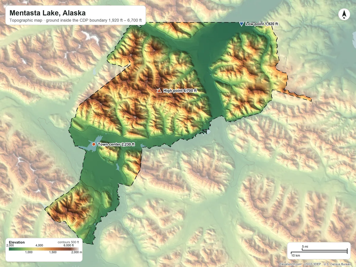 Topographic elevation map of Mentasta Lake, Alaska, shaded from 1,920 ft on the northeast side to 6,700 ft on the northeast side