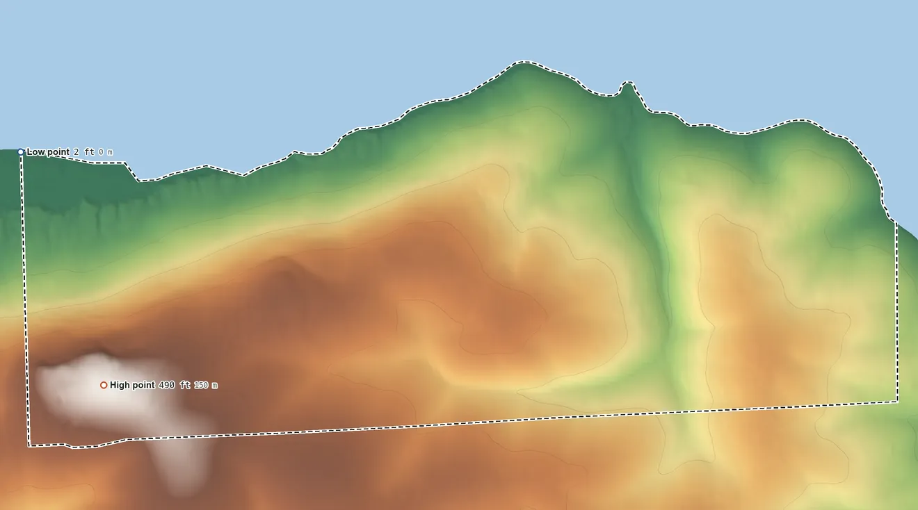 Topographic elevation map of Mertarvik, Alaska, shaded from 2 ft on the west side to 490 ft on the west side