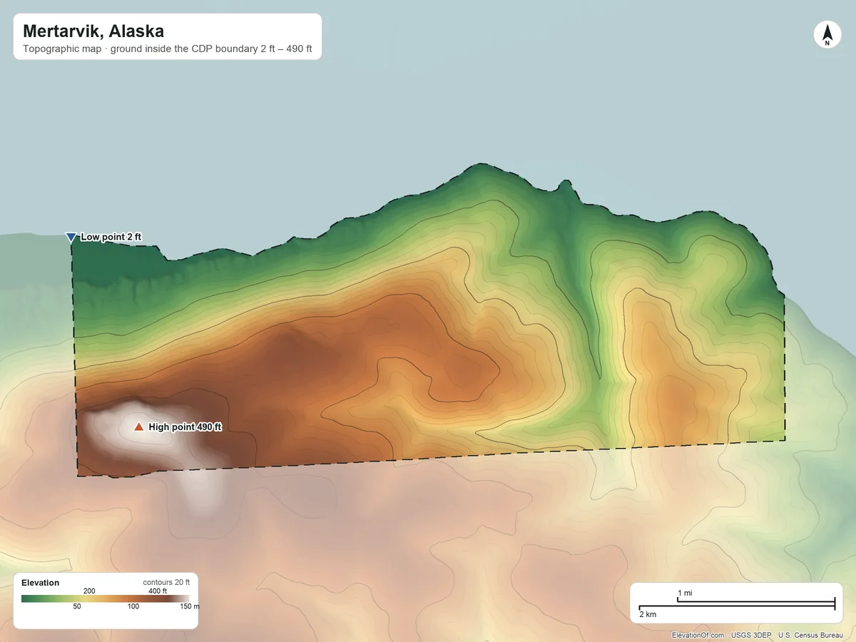 Topographic elevation map of Mertarvik, Alaska, shaded from 2 ft on the west side to 490 ft on the west side