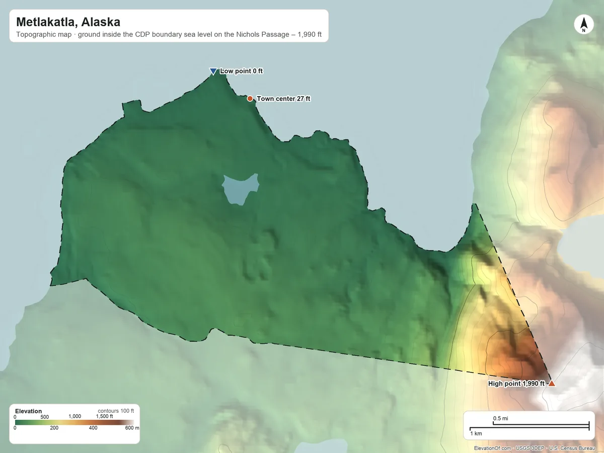 Topographic elevation map of Metlakatla, Alaska, shaded from sea level level on the Nichols Passage to 1,990 ft on the southeast edge, below higher ground just outside
