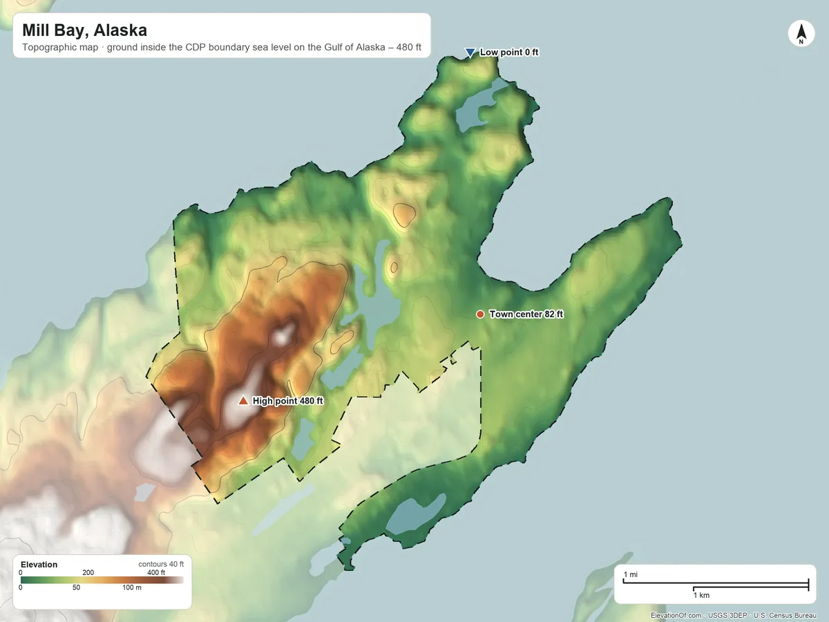 Topographic elevation map of Mill Bay, Alaska, shaded from sea level level on the Gulf of Alaska to 480 ft at the foot of the Eddys Range