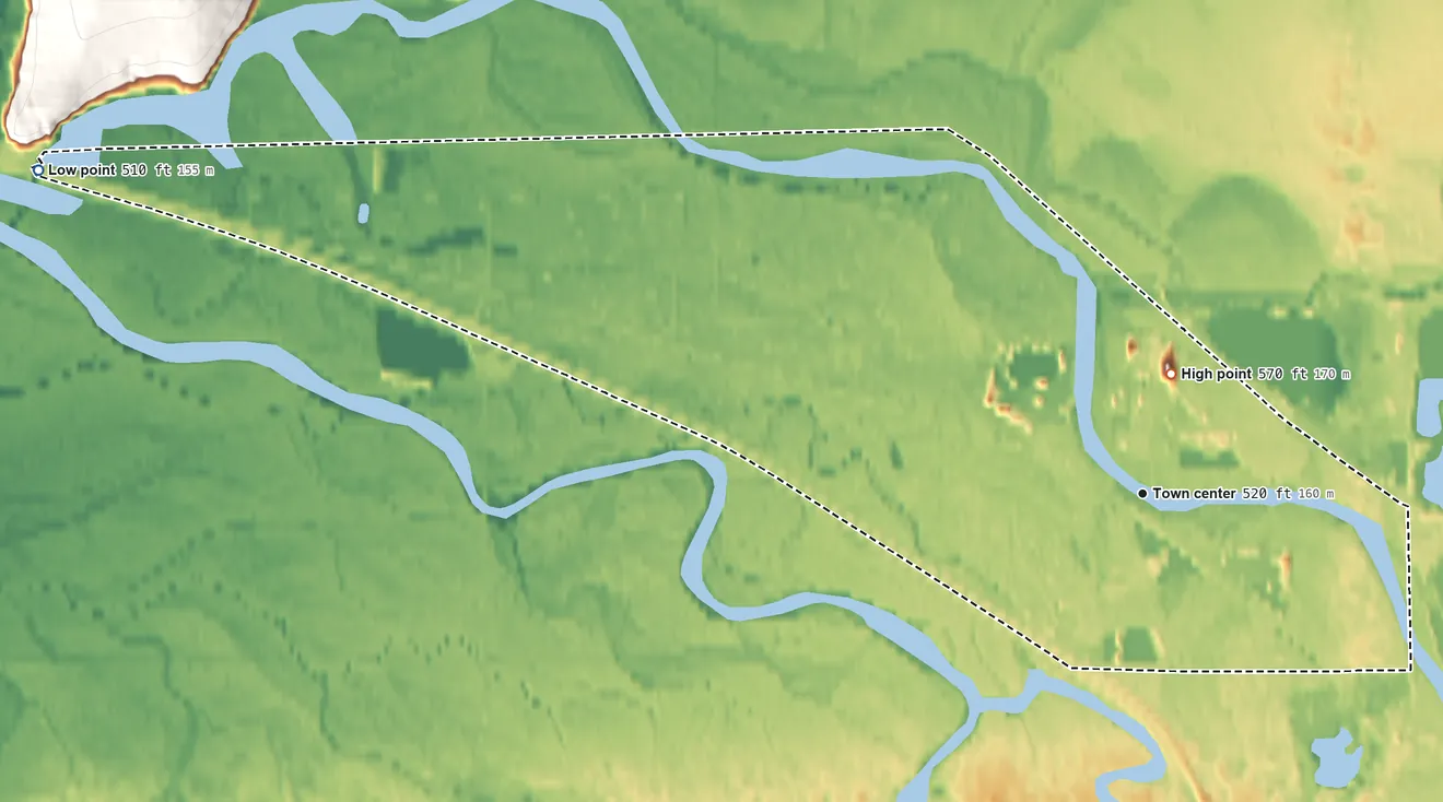 Topographic elevation map of Moose Creek, Alaska, shaded from 510 ft on the west side to 570 ft near the middle
