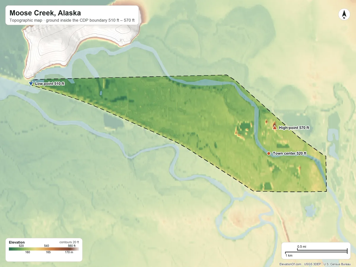 Topographic elevation map of Moose Creek, Alaska, shaded from 510 ft on the west side to 570 ft near the middle