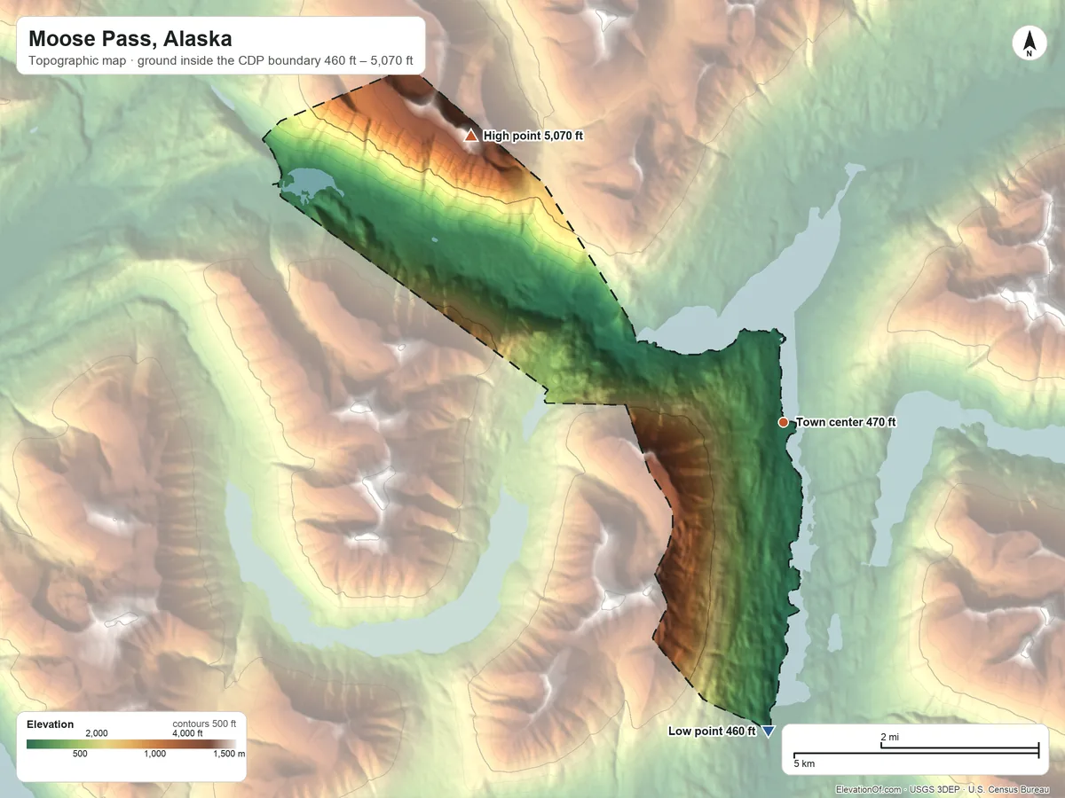 Topographic elevation map of Moose Pass, Alaska, shaded from 460 ft on the south side to 5,070 ft on the northwest side