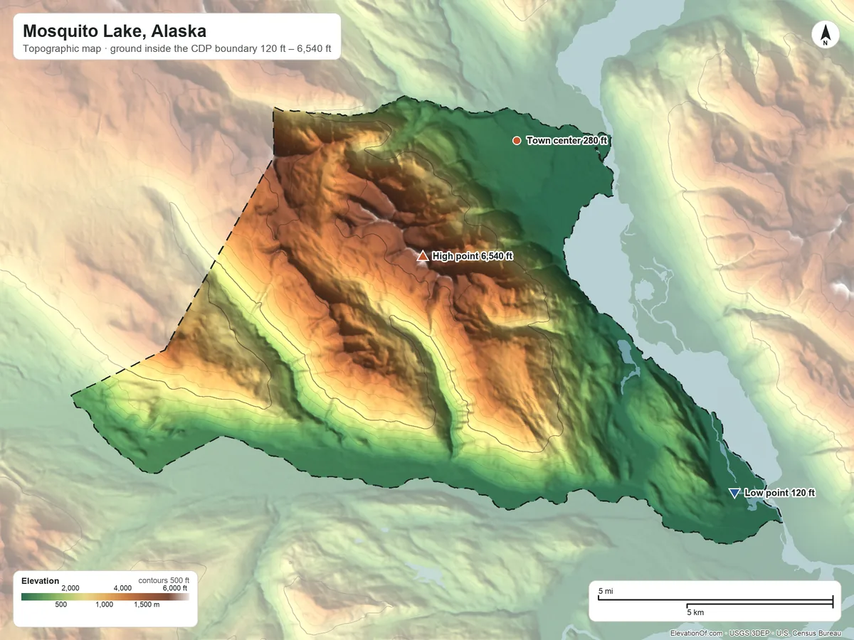 Topographic elevation map of Mosquito Lake, Alaska, shaded from 120 ft on the southeast side to 6,540 ft on Four Winds Mountain