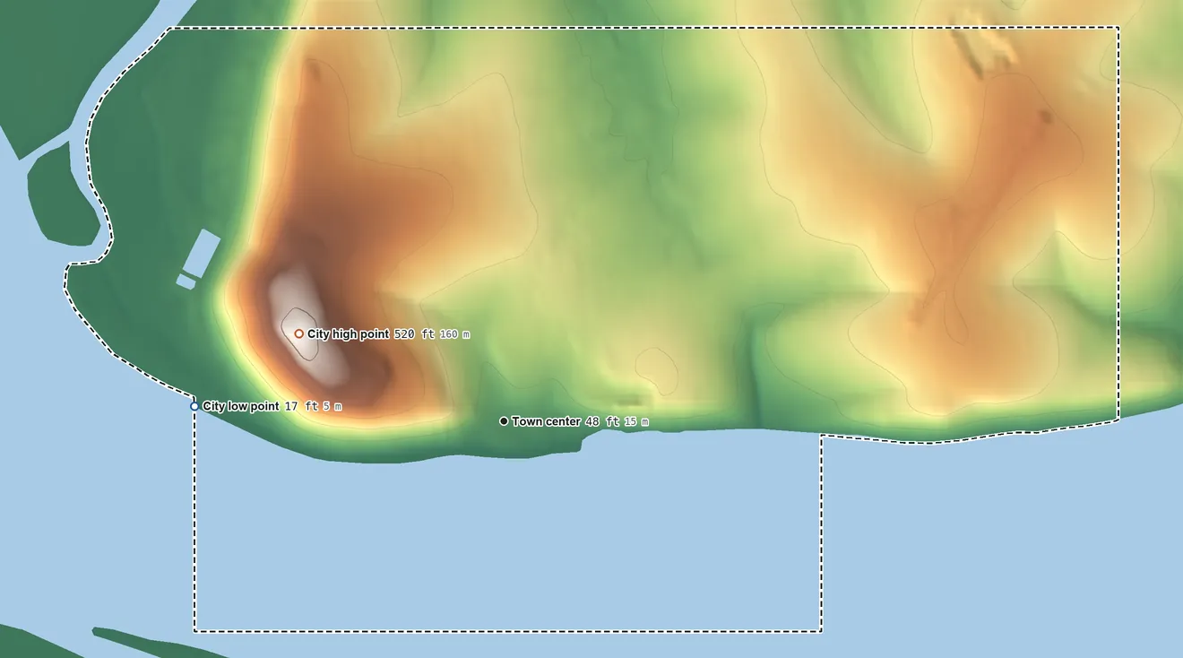 Topographic elevation map of Mountain Village, Alaska, shaded from 17 ft on the west side to 522 ft on Azachorok Hill