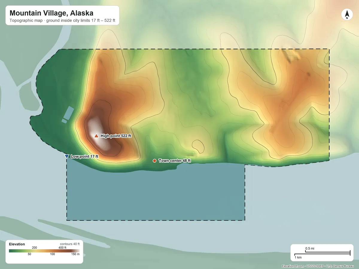 Topographic elevation map of Mountain Village, Alaska, shaded from 17 ft on the west side to 522 ft on Azachorok Hill