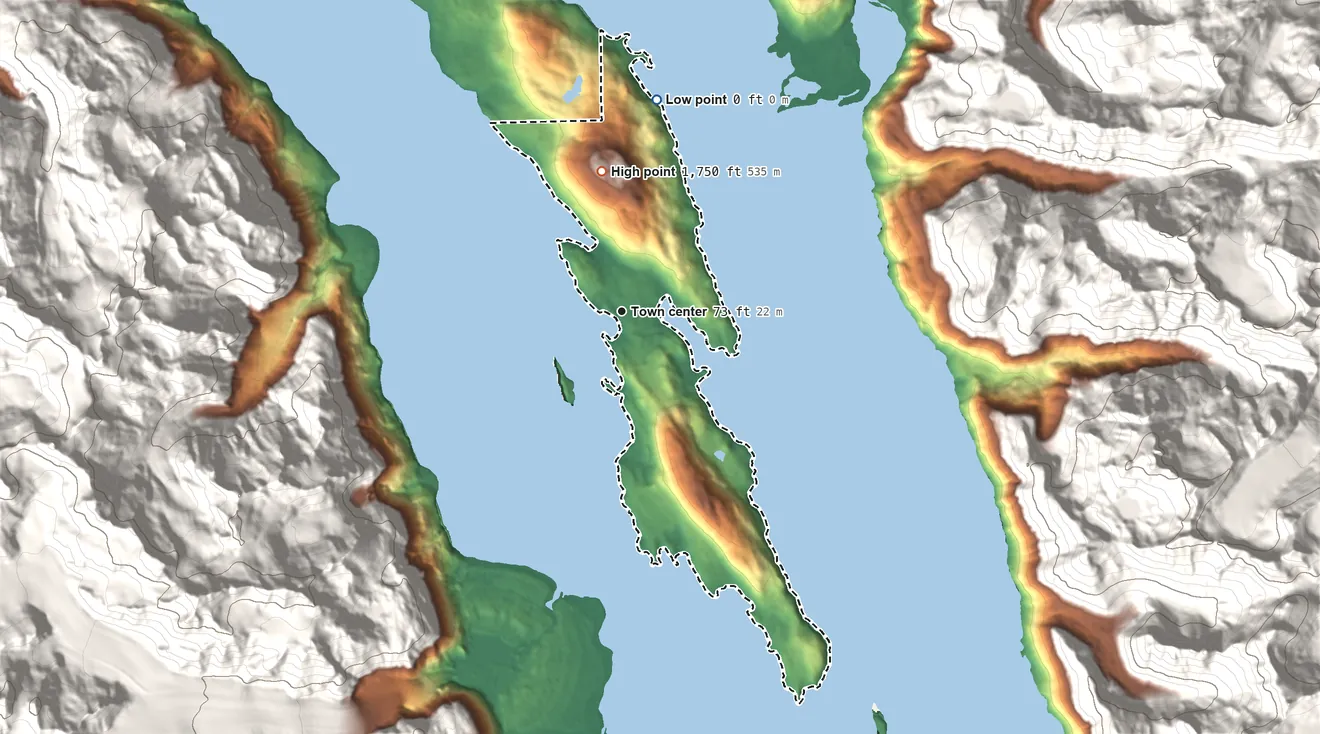 Topographic elevation map of Mud Bay, Alaska, shaded from sea level level on Chilkoot Inlet to 1,750 ft on the north side