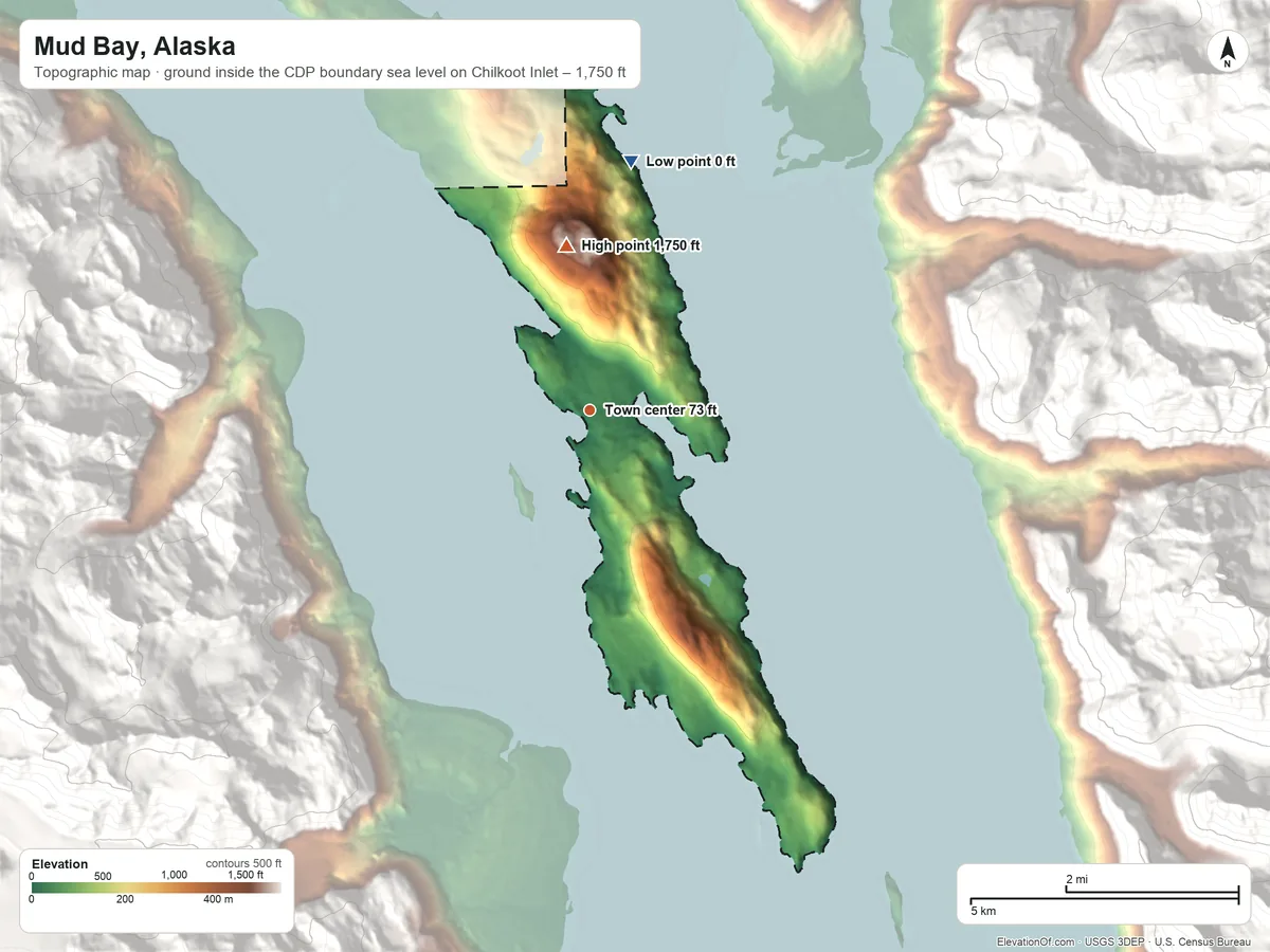 Topographic elevation map of Mud Bay, Alaska, shaded from sea level level on Chilkoot Inlet to 1,750 ft on the north side
