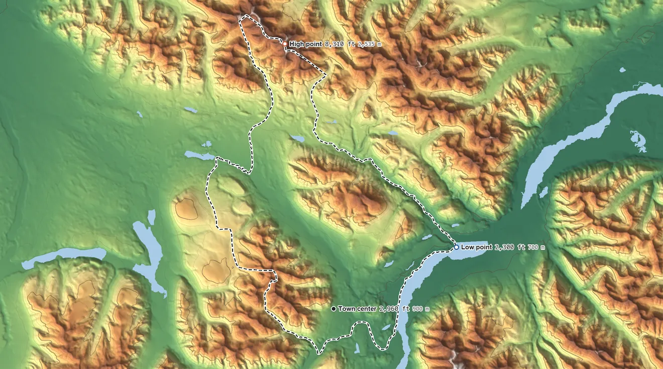 Topographic elevation map of Nabesna, Alaska, shaded from 2,300 ft on the northeast side to 8,310 ft on the north side