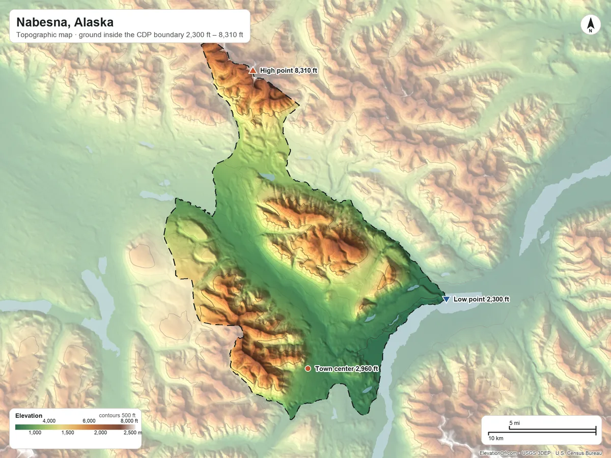 Topographic elevation map of Nabesna, Alaska, shaded from 2,300 ft on the northeast side to 8,310 ft on the north side