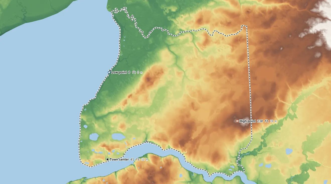 Topographic elevation map of Naknek, Alaska, shaded from sea level level on Kvichak Bay to 230 ft on the east side