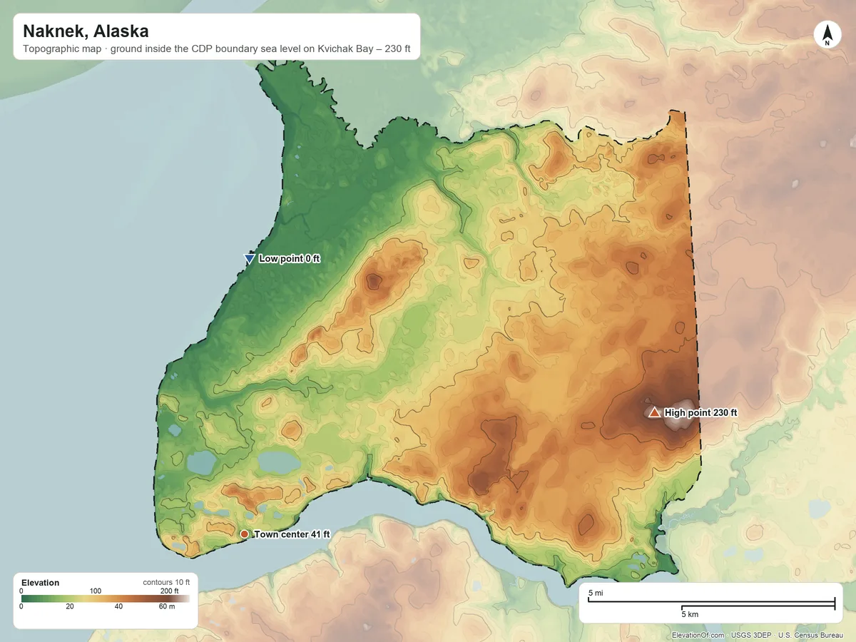 Topographic elevation map of Naknek, Alaska, shaded from sea level level on Kvichak Bay to 230 ft on the east side