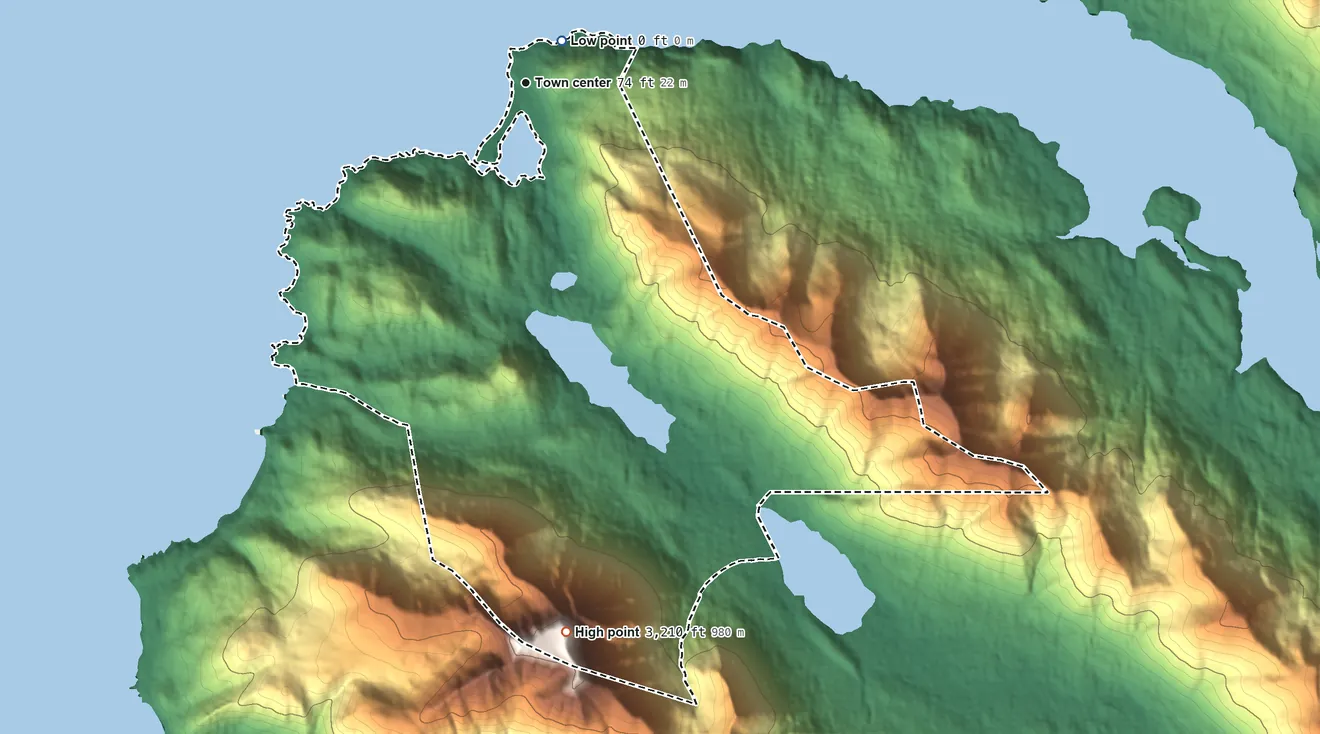 Topographic elevation map of Nanwalek, Alaska, shaded from sea level level on the Port Graham to 3,210 ft on Mount Bede