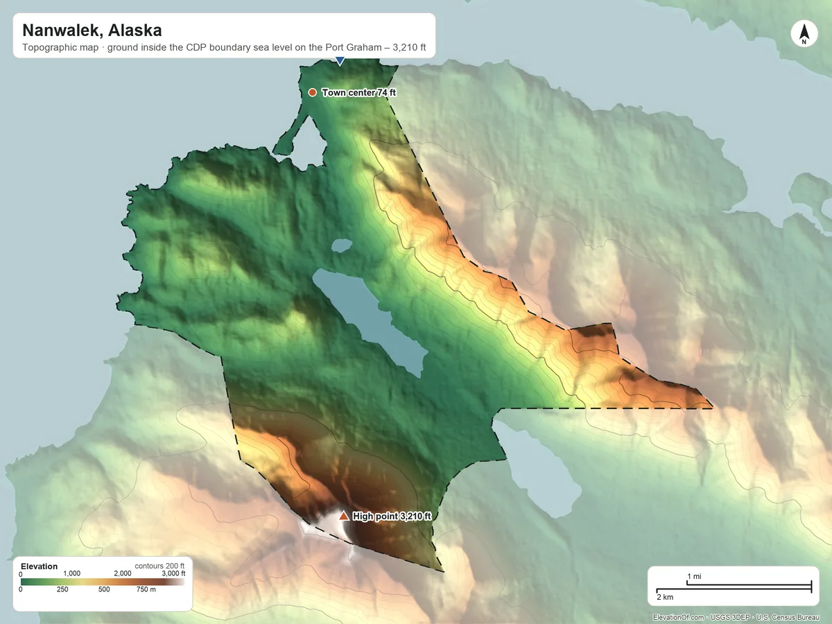 Topographic elevation map of Nanwalek, Alaska, shaded from sea level level on the Port Graham to 3,210 ft on Mount Bede