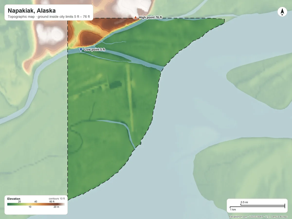 Topographic elevation map of Napakiak, Alaska, shaded from 5 ft on the north side to 76 ft on the north side