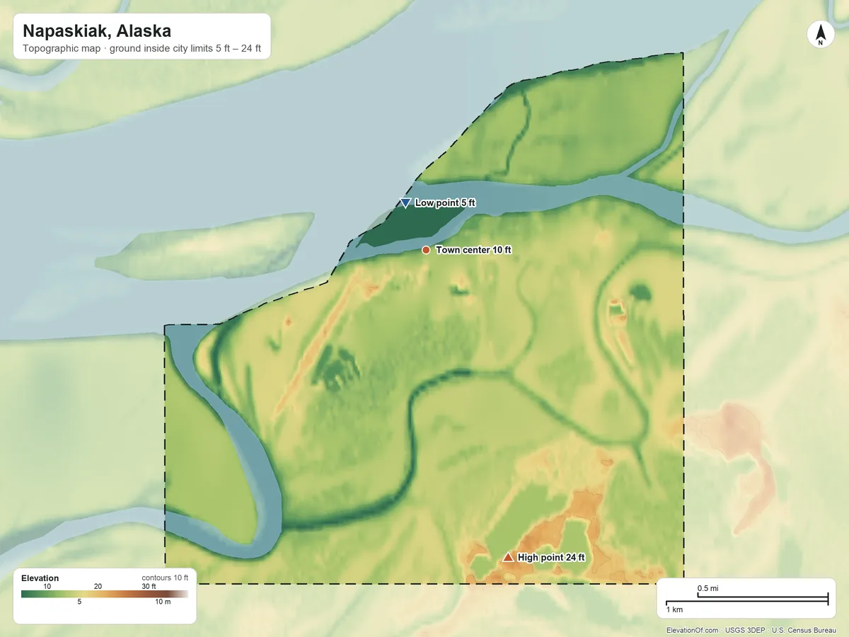 Topographic elevation map of Napaskiak, Alaska, shaded from 5 ft near the middle to 24 ft on the south side