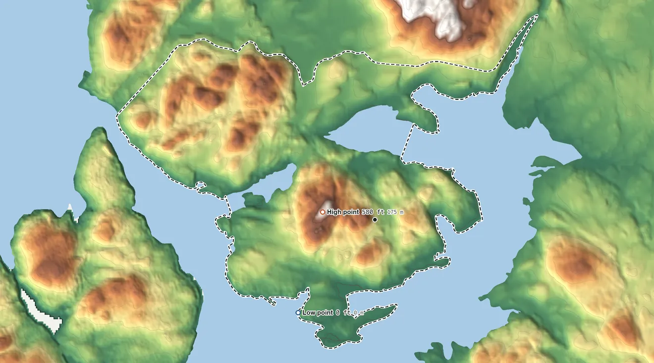 Topographic elevation map of Naukati Bay, Alaska, shaded from sea level level on the Tuxekan Passage to 580 ft near the middle