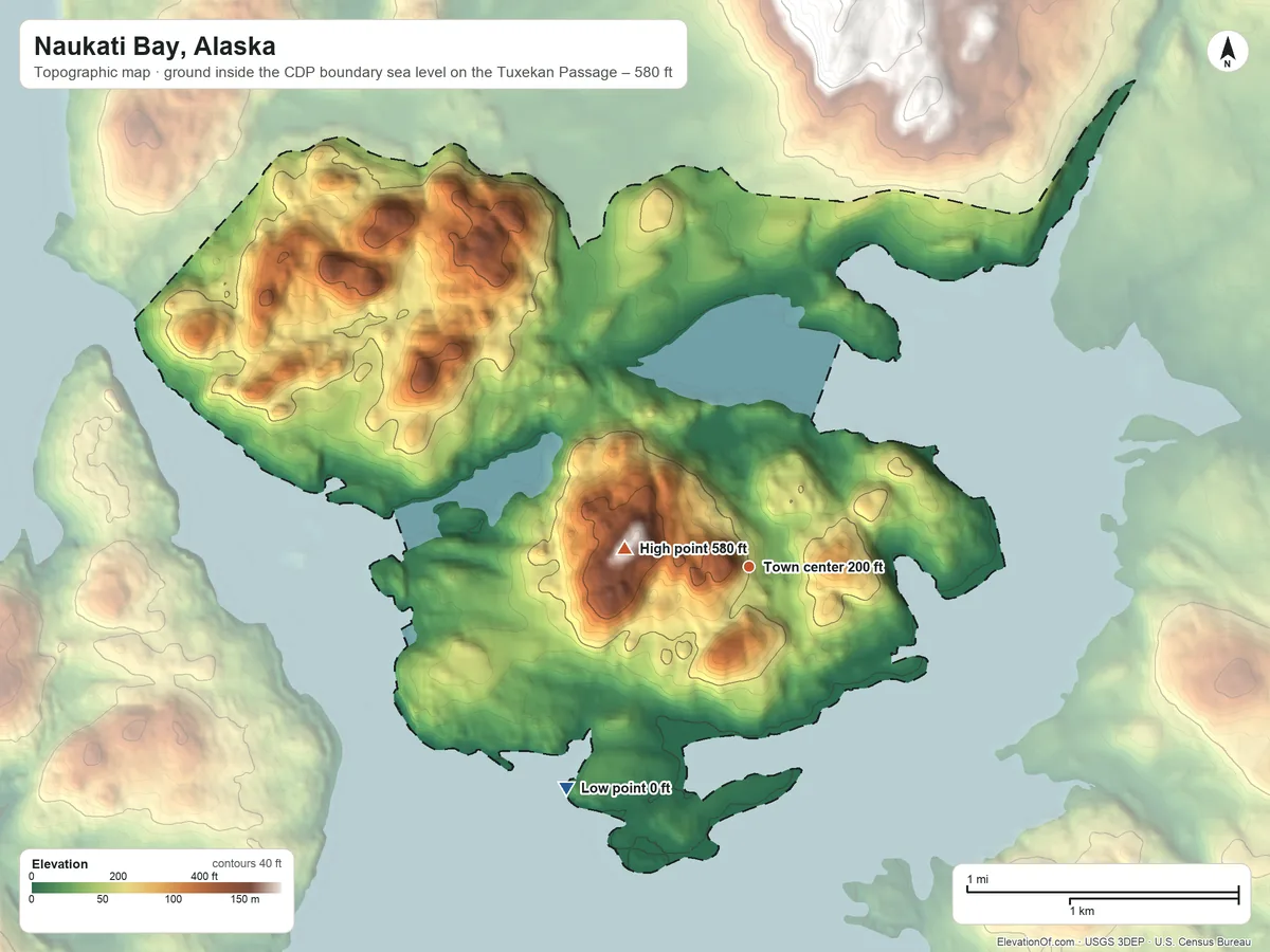 Topographic elevation map of Naukati Bay, Alaska, shaded from sea level level on the Tuxekan Passage to 580 ft near the middle
