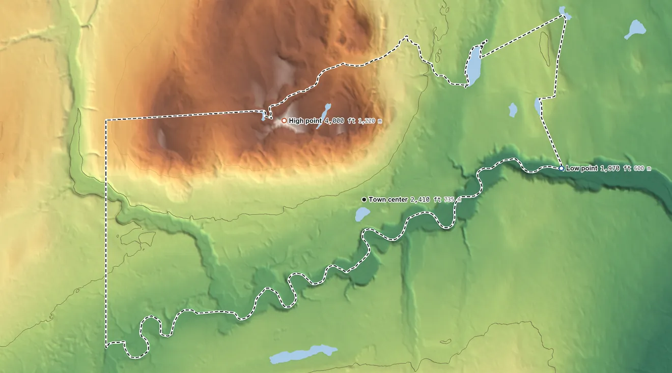 Topographic elevation map of Nelchina, Alaska, shaded from 1,970 ft on the east side to 4,000 ft on Slide Mountain