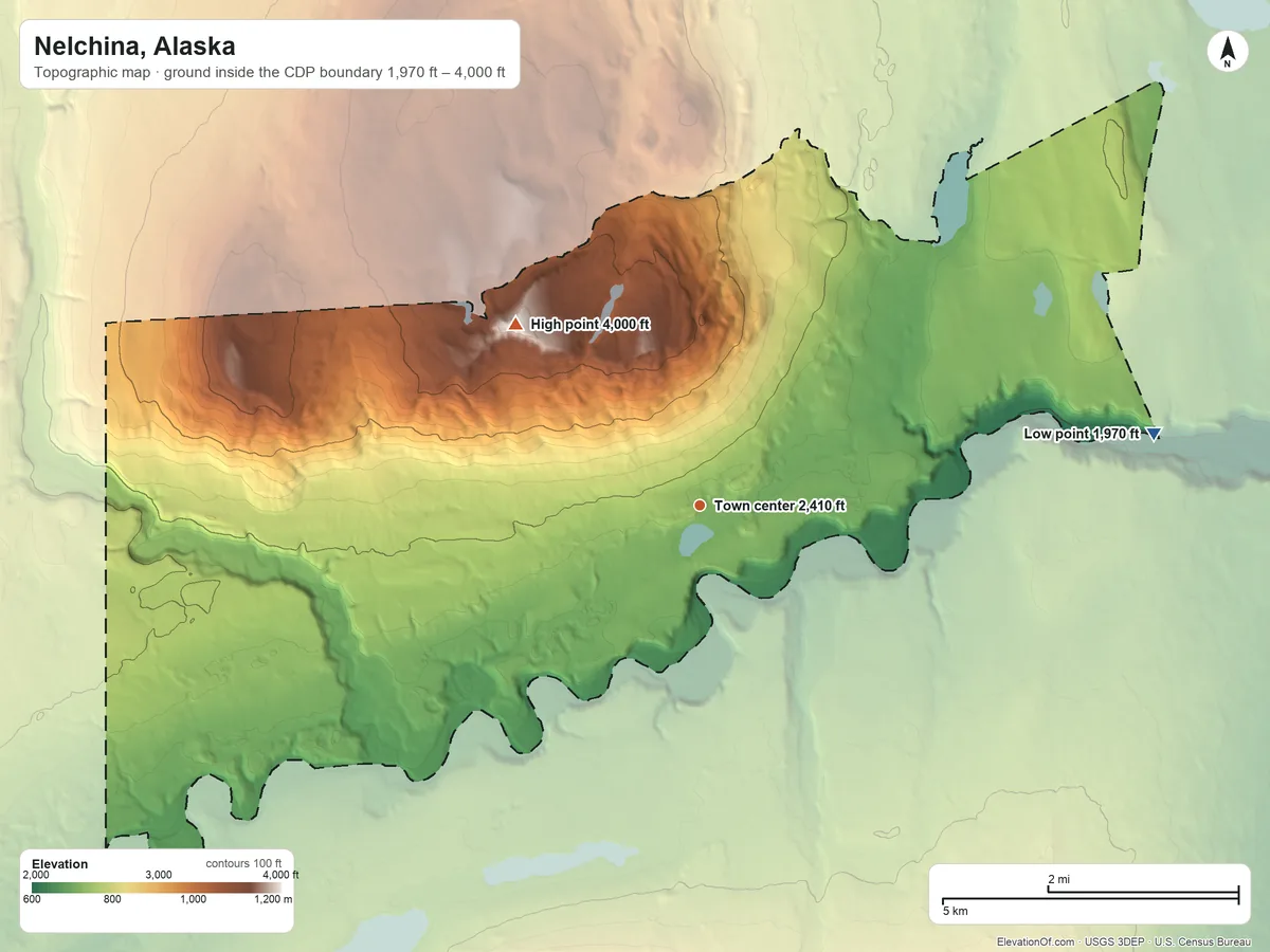 Topographic elevation map of Nelchina, Alaska, shaded from 1,970 ft on the east side to 4,000 ft on Slide Mountain