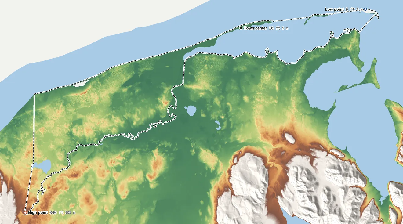 Topographic elevation map of Nelson Lagoon, Alaska, shaded from sea level level on Bristol Bay to 340 ft on the southwest side