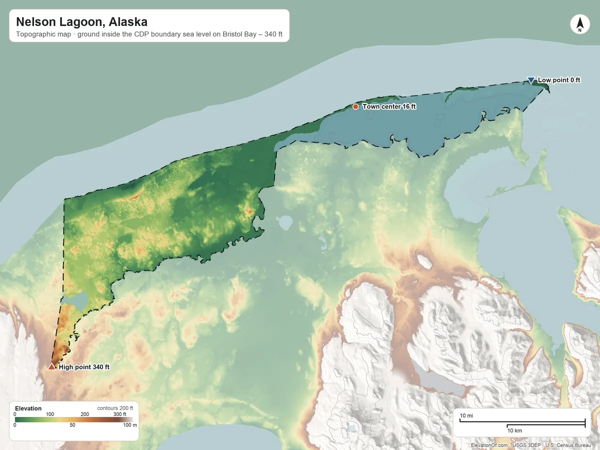 Topographic elevation map of Nelson Lagoon, Alaska, shaded from sea level level on Bristol Bay to 340 ft on the southwest side
