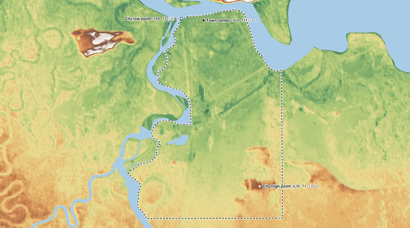 Topographic elevation map of Nenana, Alaska, shaded from 340 ft near the middle to 420 ft on the south side
