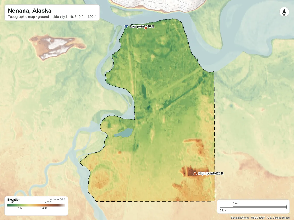 Topographic elevation map of Nenana, Alaska, shaded from 340 ft near the middle to 420 ft on the south side