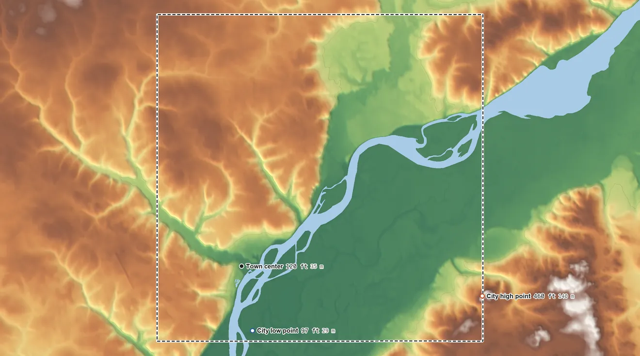 Topographic elevation map of New Stuyahok, Alaska, shaded from 97 ft on the south side to 460 ft on the east side