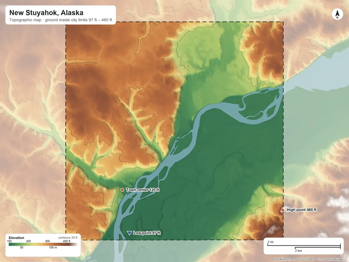 Topographic elevation map of New Stuyahok, Alaska, shaded from 97 ft on the south side to 460 ft on the east side