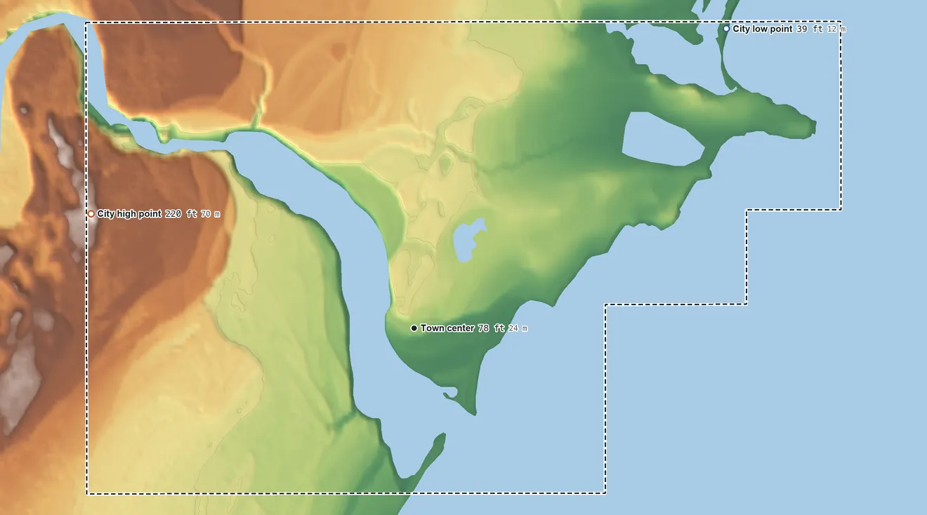 Topographic elevation map of Newhalen, Alaska, shaded from 39 ft on the northeast side to 220 ft on the west side