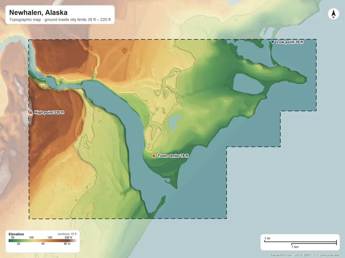 Topographic elevation map of Newhalen, Alaska, shaded from 39 ft on the northeast side to 220 ft on the west side