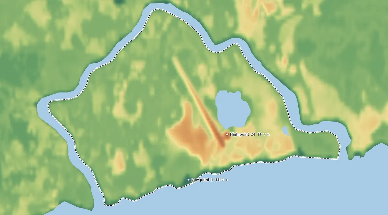 Topographic elevation map of Newtok, Alaska, shaded from 1 ft near the middle to 24 ft on the northeast side