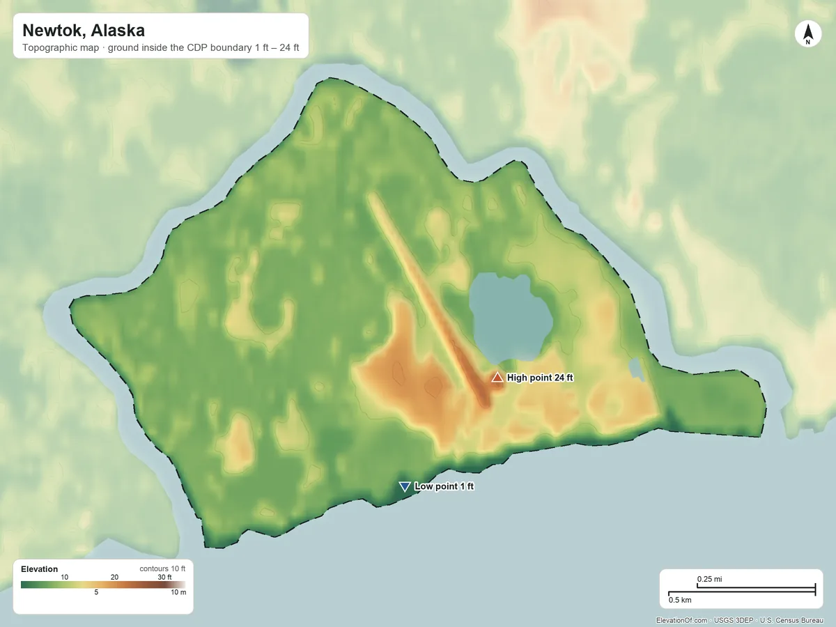 Topographic elevation map of Newtok, Alaska, shaded from 1 ft near the middle to 24 ft on the northeast side