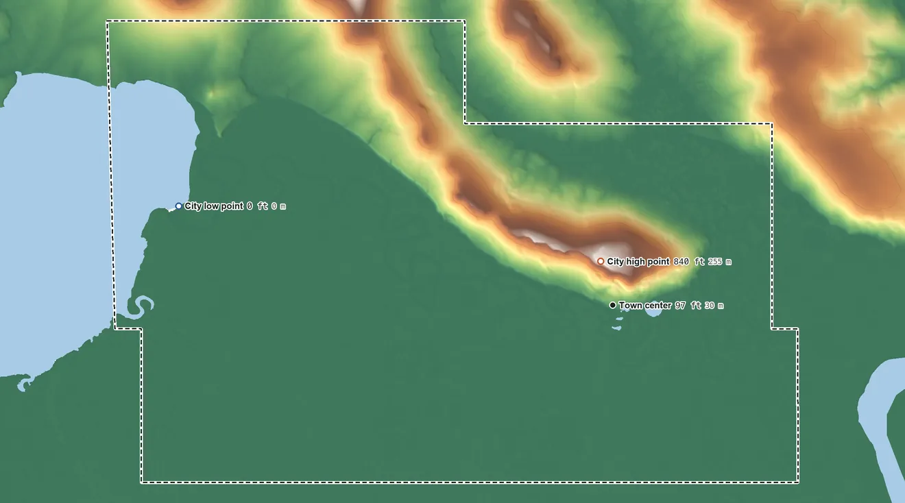 Topographic elevation map of Nightmute, Alaska, shaded from sea level level on Kangirlvar Bay to 840 ft near the middle
