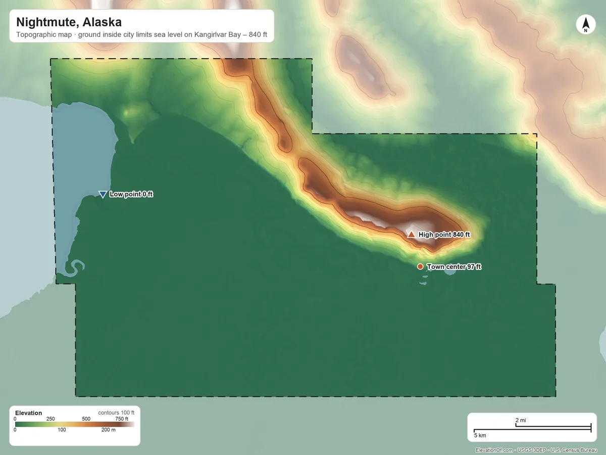 Topographic elevation map of Nightmute, Alaska, shaded from sea level level on Kangirlvar Bay to 840 ft near the middle