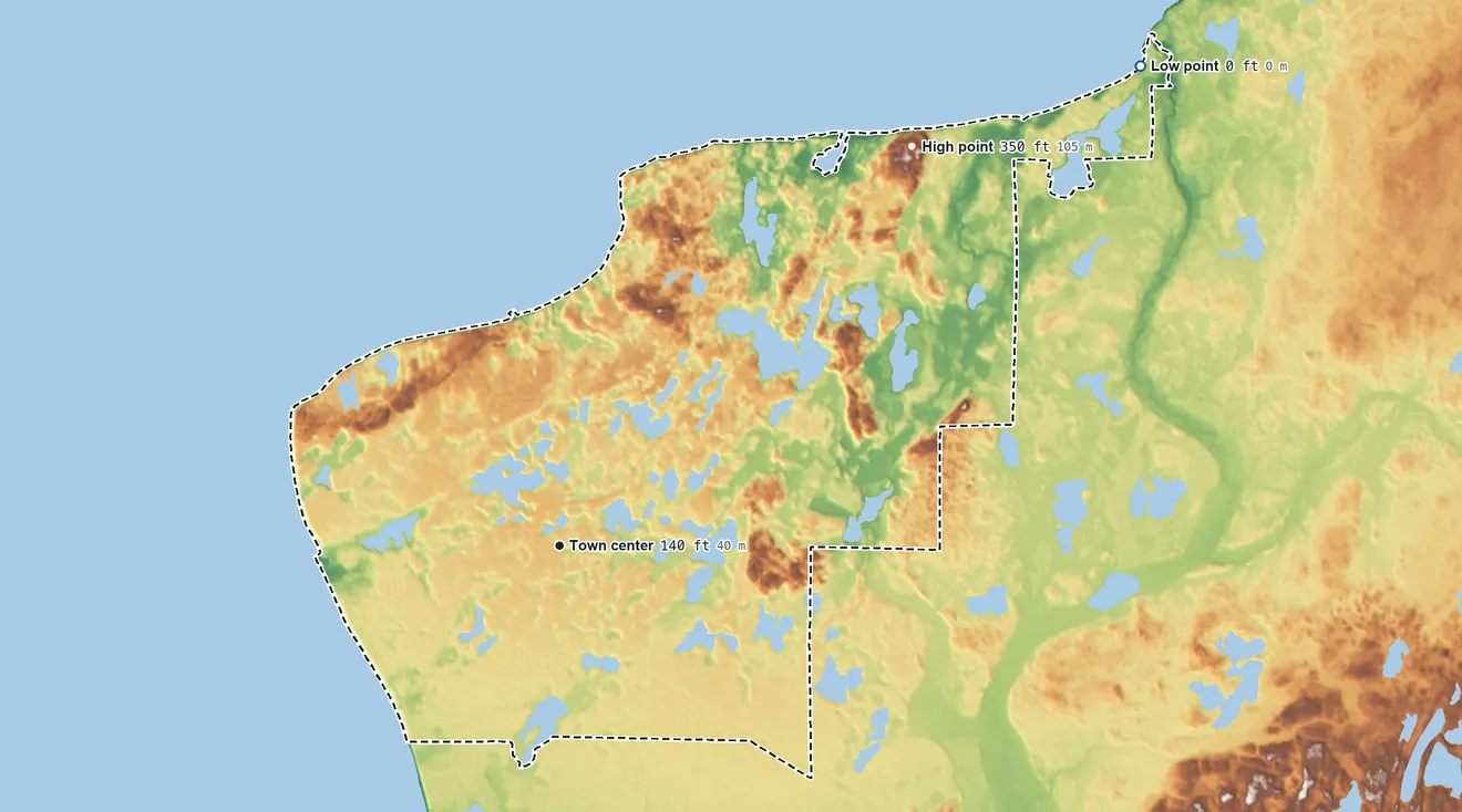 Topographic elevation map of Nikiski, Alaska, shaded from sea level level on Cook Inlet to 350 ft on the northeast side