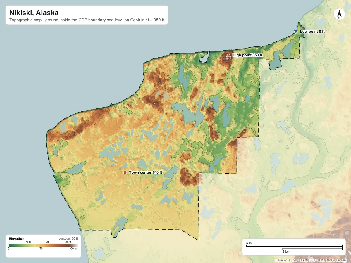 Topographic elevation map of Nikiski, Alaska, shaded from sea level level on Cook Inlet to 350 ft on the northeast side