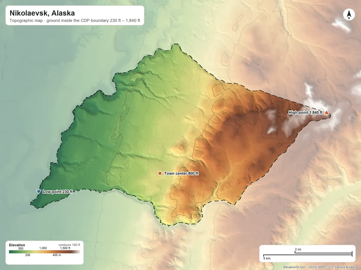 Topographic elevation map of Nikolaevsk, Alaska, shaded from 230 ft on the west side to 1,840 ft on the east side