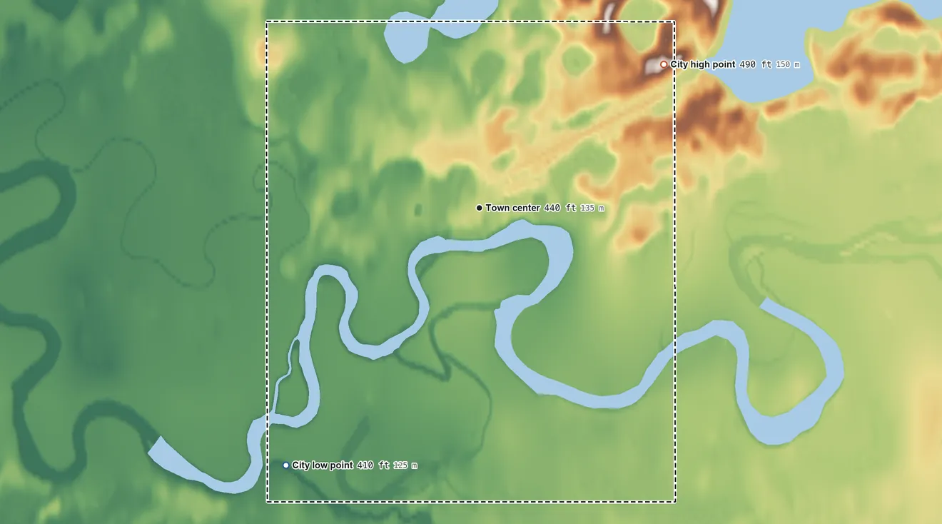 Topographic elevation map of Nikolai, Alaska, shaded from 410 ft on the southwest side to 490 ft on the northeast side