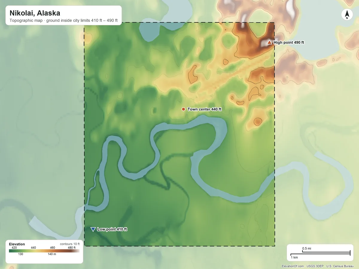 Topographic elevation map of Nikolai, Alaska, shaded from 410 ft on the southwest side to 490 ft on the northeast side