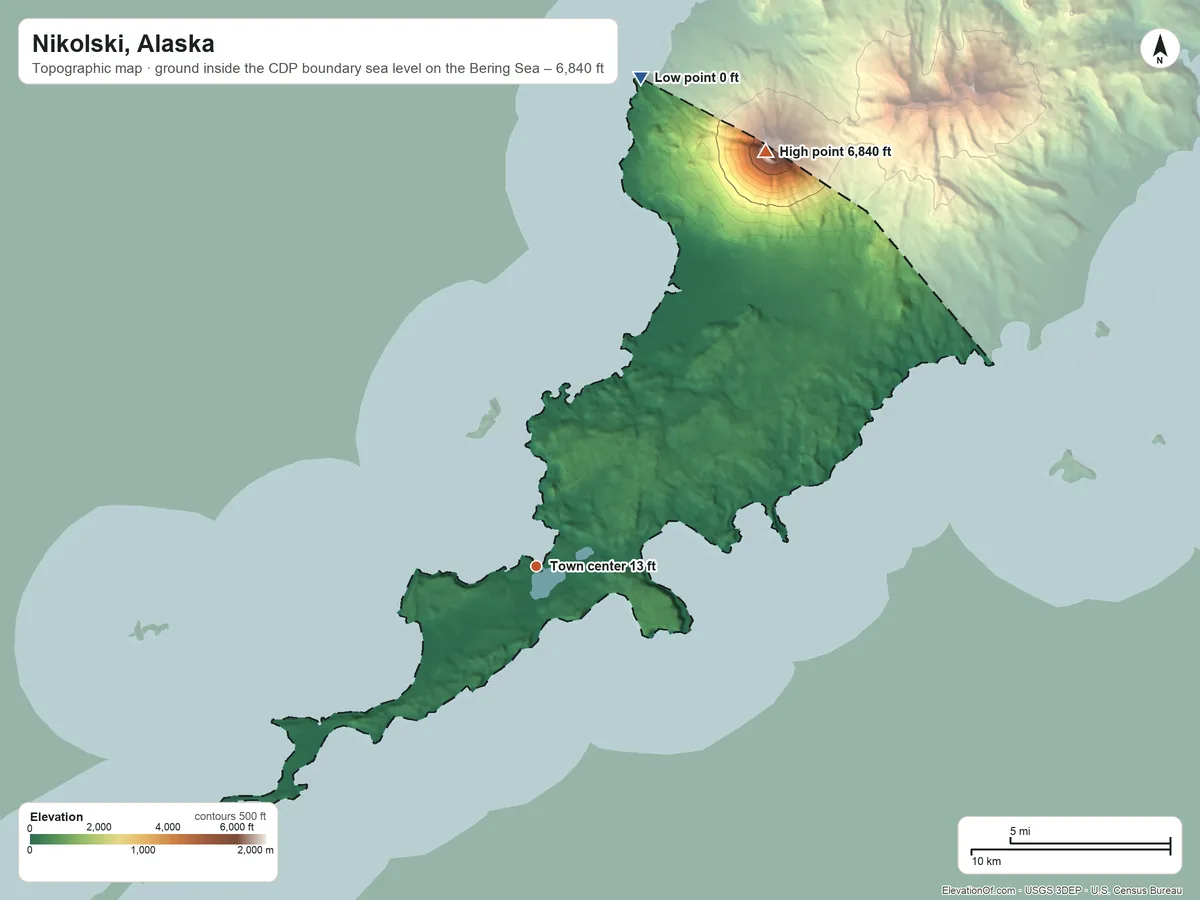 Topographic elevation map of Nikolski, Alaska, shaded from sea level level on the Bering Sea to 6,840 ft on Mount Vsevidof