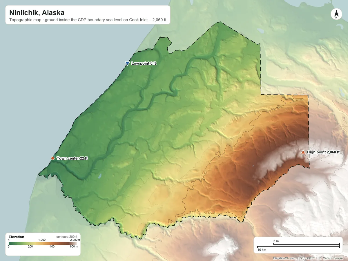 Topographic elevation map of Ninilchik, Alaska, shaded from sea level level on Cook Inlet to 2,060 ft on the east side