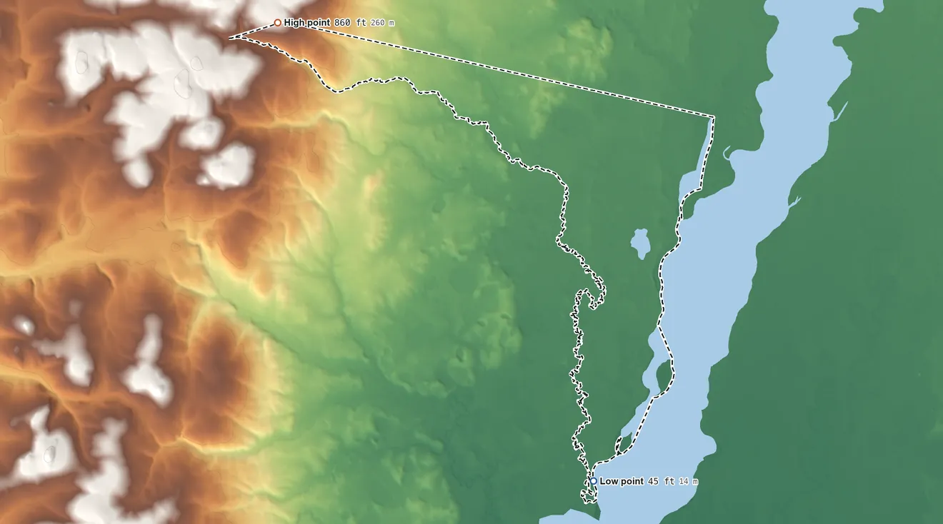 Topographic elevation map of Noatak, Alaska, shaded from 45 ft on the south side to 860 ft on the northwest side