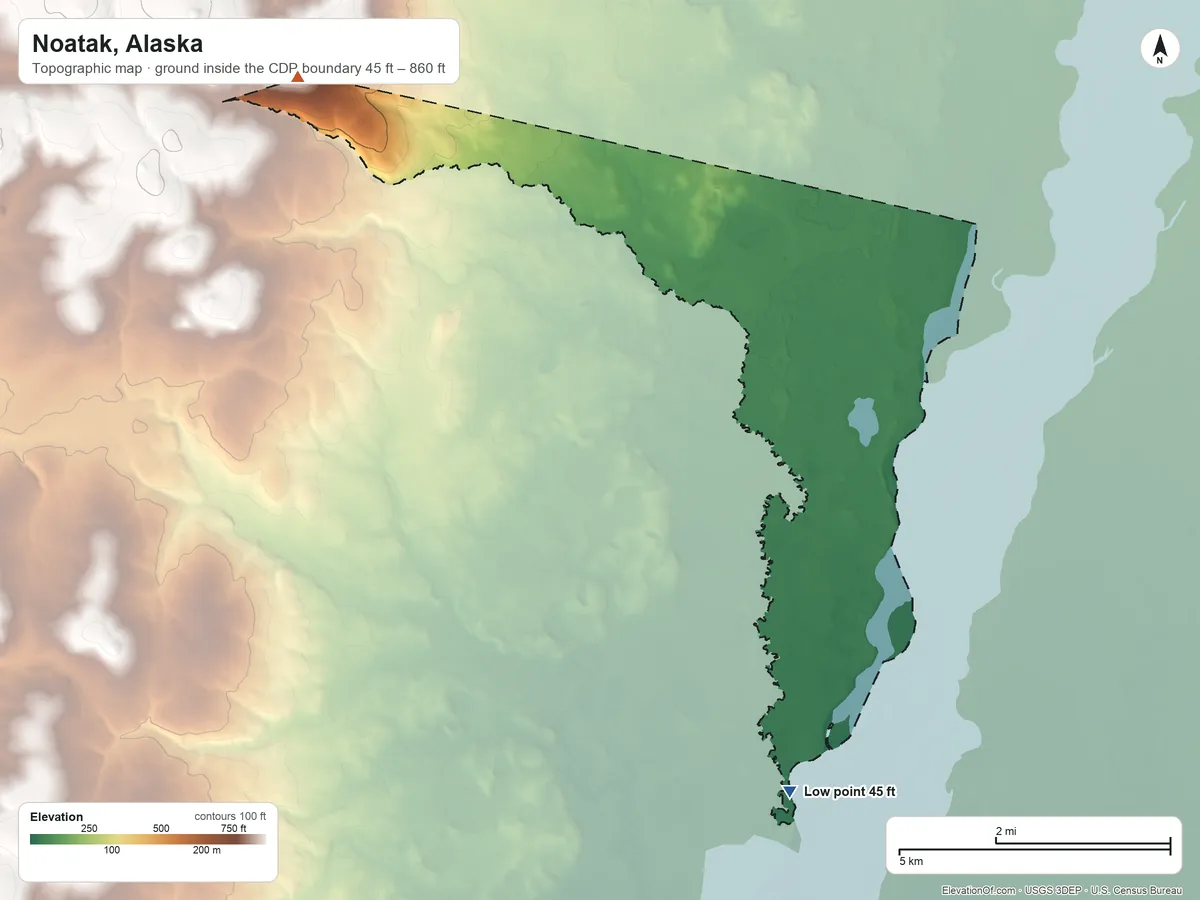 Topographic elevation map of Noatak, Alaska, shaded from 45 ft on the south side to 860 ft on the northwest side
