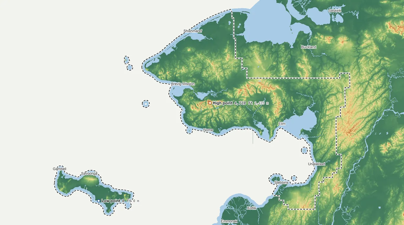 Topographic elevation map of Nome Census Area, Alaska, shaded from sea level on the Bering Sea to 4,710 ft on Mount Osborn