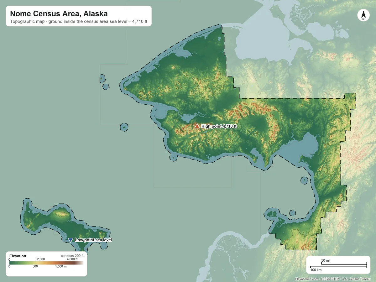 Topographic elevation map of Nome Census Area, Alaska, shaded from sea level on the Bering Sea to 4,710 ft on Mount Osborn